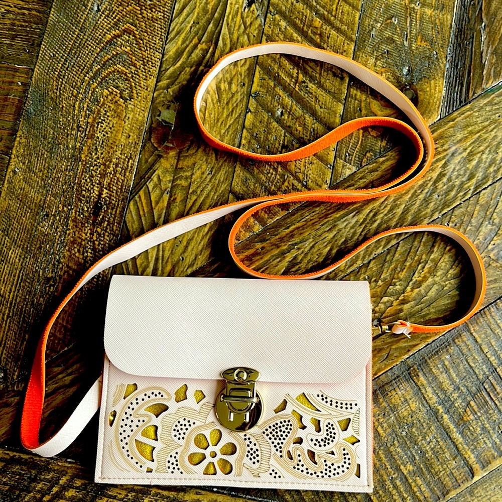 Handmade light pink purse/clutch with removable strap, 3 pockets and gold clasp.